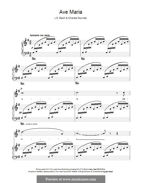 Ave Maria (Printable Sheet Music): Для голоса и фортепиано (соль мажор) by Иоганн Себастьян Бах, Шарль Гуно