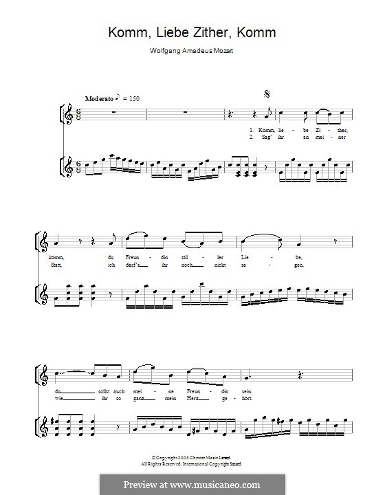 Komm, liebe Zither, K.351 (367b): Für Stimme und Klavier by Вольфганг Амадей Моцарт