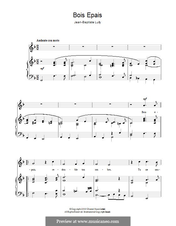 Амадис или Амадис Галльский, LWV 63: Bois épais. Version for voice and piano by Жан-Батист Люлли