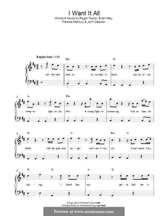 I Want it All (Queen): Для фортепиано (легкий уровень) by Brian May, Freddie Mercury, John Deacon, Roger Taylor