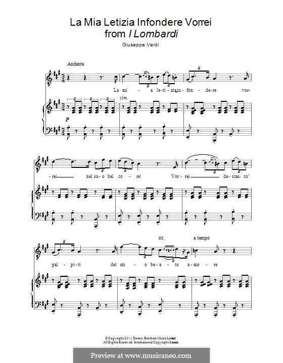 Ломбардцы в первом крестовом походе: La mia letizia infondere vorrei, for voice and piano by Джузеппе Верди