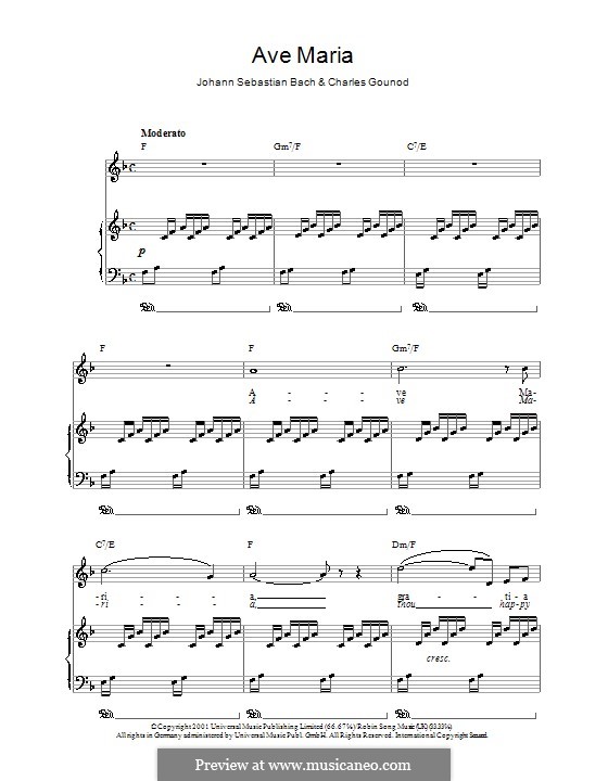 Ave Maria (Printable Sheet Music): Для голоса и фортепиано или гитары (фа-мажор) by Иоганн Себастьян Бах, Шарль Гуно