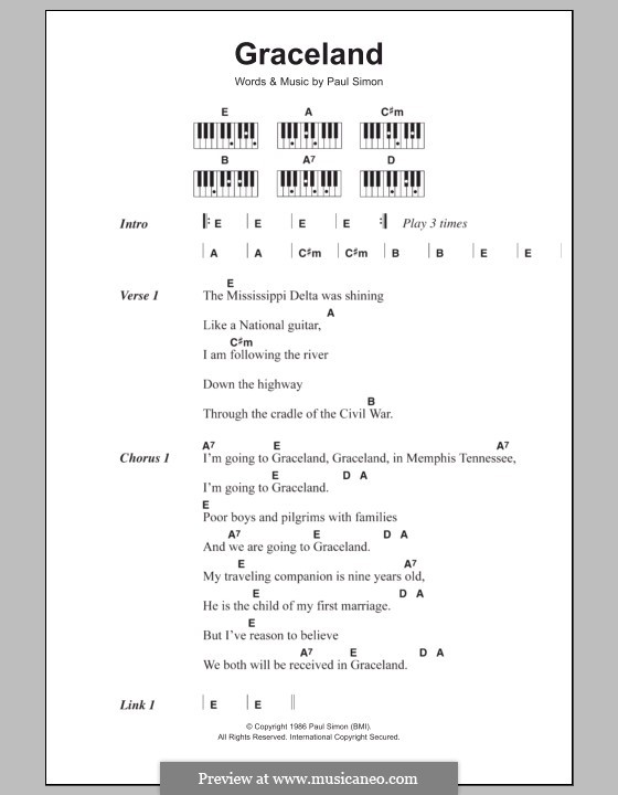 Graceland: Текст и аккорды для фортепиано by Paul Simon