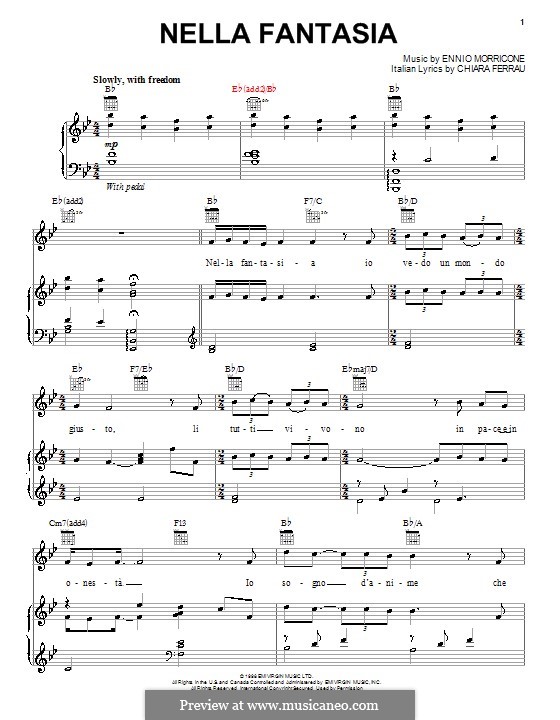Nella Fantasia (Il Divo): Для голоса и фортепиано (или гитары) by Ennio Morricone
