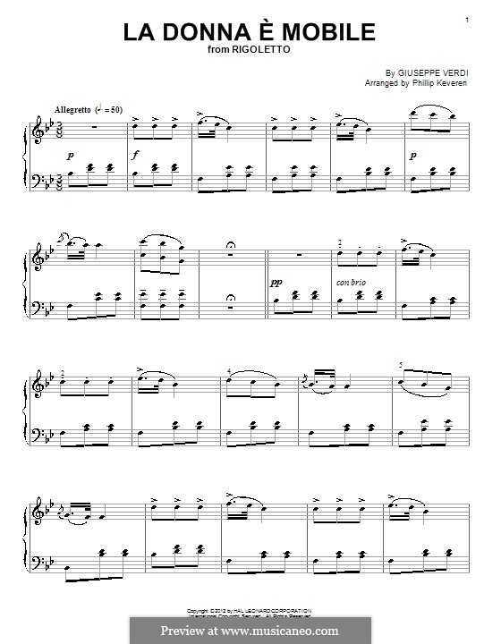 La donna è mobile (Over the Summer Sea) printable scores: Для фортепиано by Джузеппе Верди