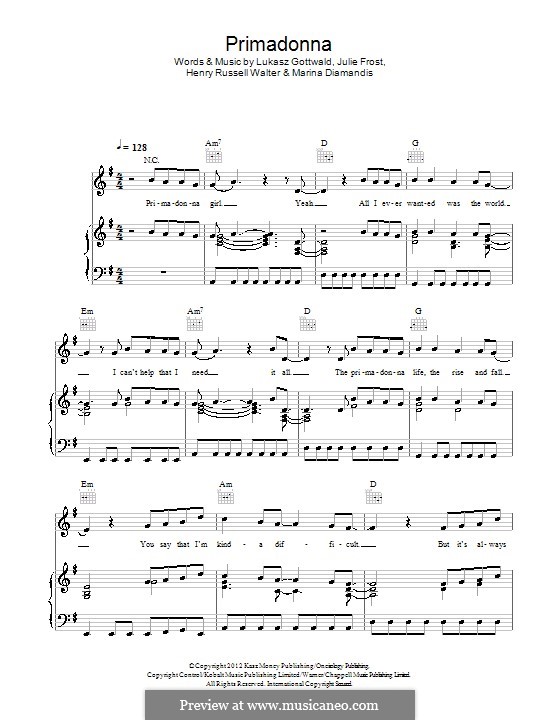 Primadonna (Marina & The Diamonds): Для голоса и фортепиано (или гитары) by Julie Frost, Lukas Gottwald, Henry Russell Walter, Marina Diamandis