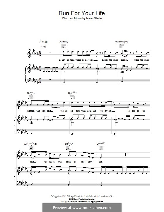 Run for Your Life (The Fray): Для голоса и фортепиано (или гитары) by Isaac Slade, Joseph King