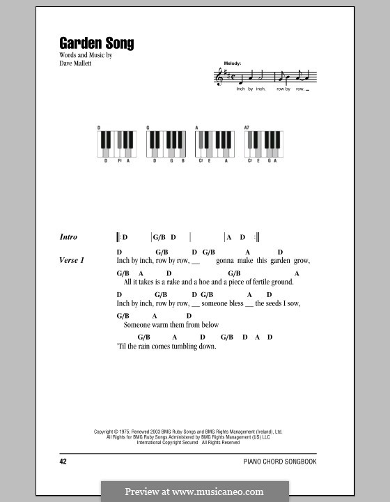 Garden Song: Текст и аккорды для фортепиано by David Mallet