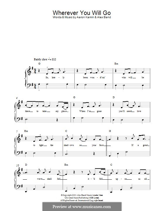 Wherever You Will Go (The Calling): Для фортепиано by Aaron Kamin, Alex Band