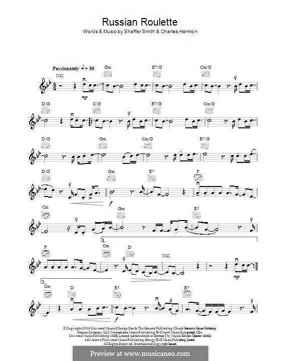 Rihanna Russian Roulette Sheet Music in F# Minor (transposable) -  Download & Print - SKU: MN0080535