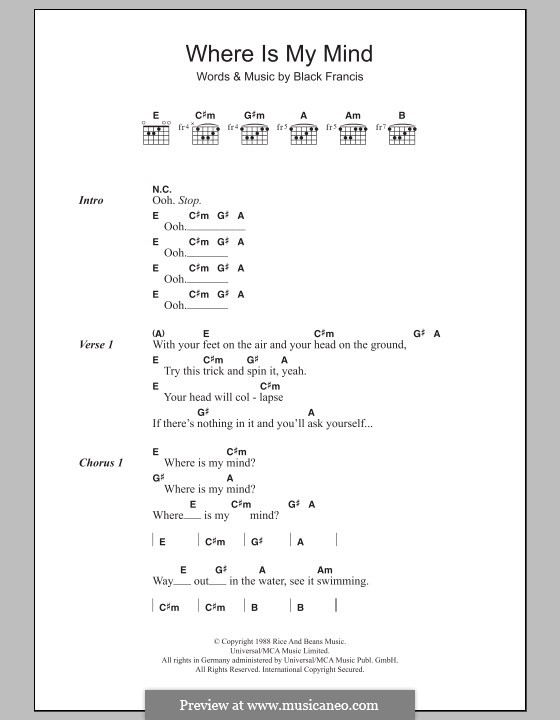 Where Is My Mind (The Pixies): Мелодия и аккорды by Black Francis