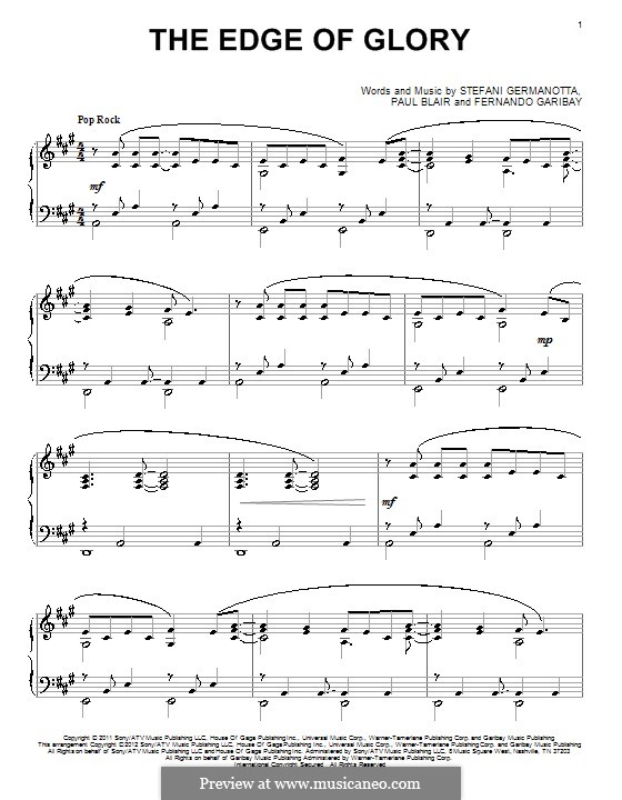 The Edge of Glory (Lady Gaga): Для фортепиано by Fernando Garibay, Paul Blair, Stefani Germanotta