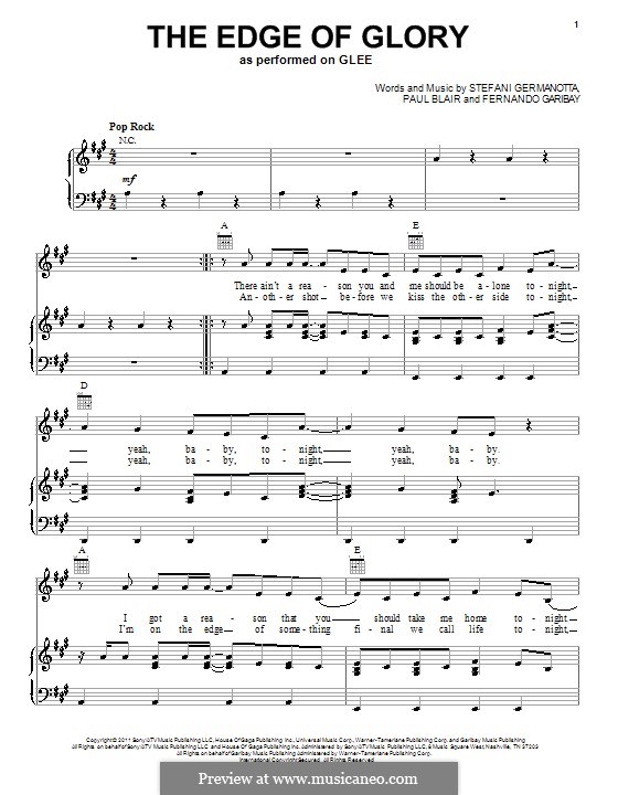 The Edge of Glory (Lady Gaga): Для голоса и фортепиано или гитары (Glee Cast) by Fernando Garibay, Paul Blair, Stefani Germanotta