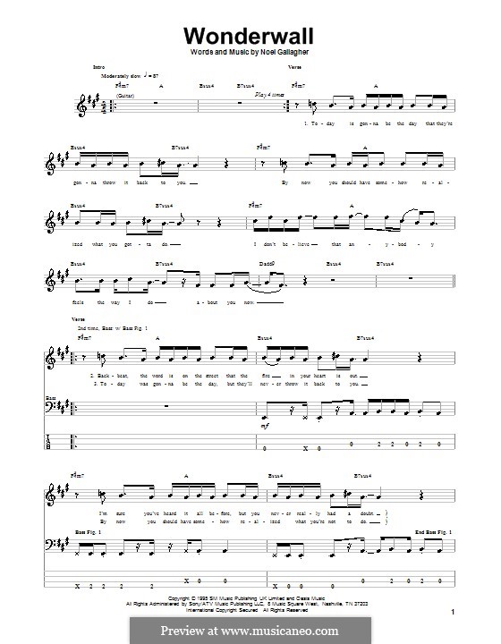Wonderwall (Oasis): Для бас-гитары с табулатурой by Noel Gallagher