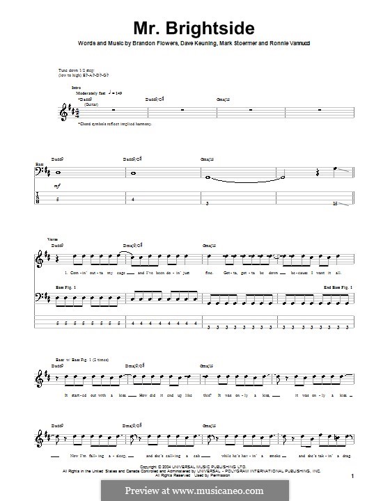 Mr. Brightside (The Killers): Для бас-гитары с табулатурой by Brandon Flowers, Dave Keuning, Mark Stoermer, Ronnie Vannucci