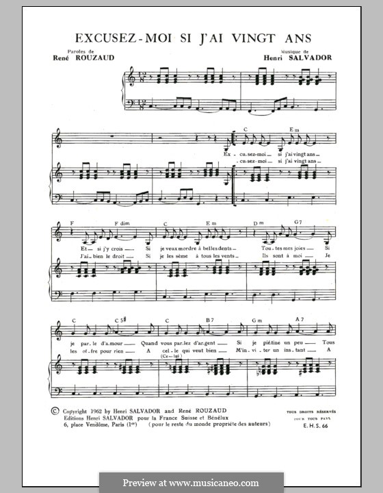 Excusez Moi Si J'ai Vingt Ans: Для голоса и фортепиано by Henri Salvador