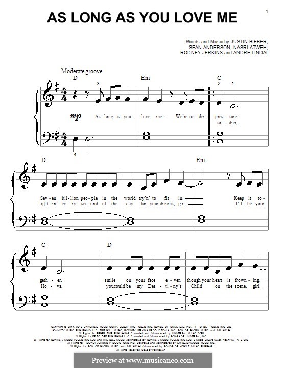 As Long as You Love Me: Для фортепиано by Andre Lindal, Justin Bieber, Nasri Atweh, Rodney Jerkins, Sean Anderson