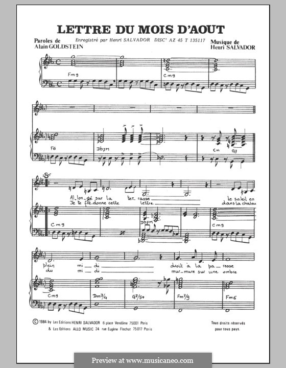 Lettre du Mois d'aout: Для голоса и фортепиано by Henri Salvador