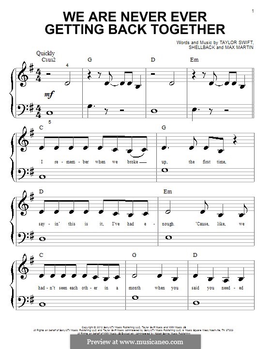 We Are Never Ever Getting Back Together: Для фортепиано by Shellback, Max Martin, Taylor Swift