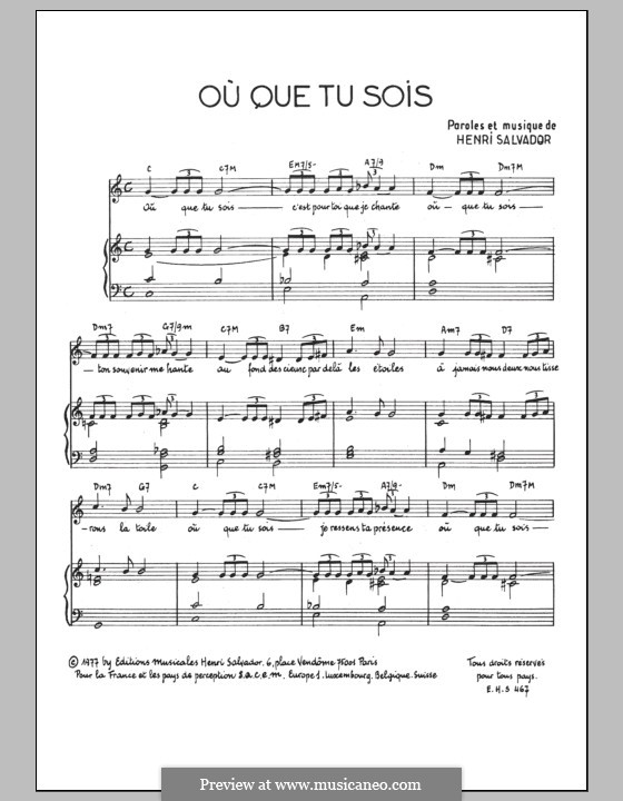 Ou Que tu Sois: Для голоса и фортепиано by Henri Salvador