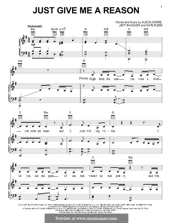 Just Give Me a Reason (Pink): Для голоса и фортепиано (или гитары) by Alecia Moore, Jeff Bhasker, Nathaniel Ruess