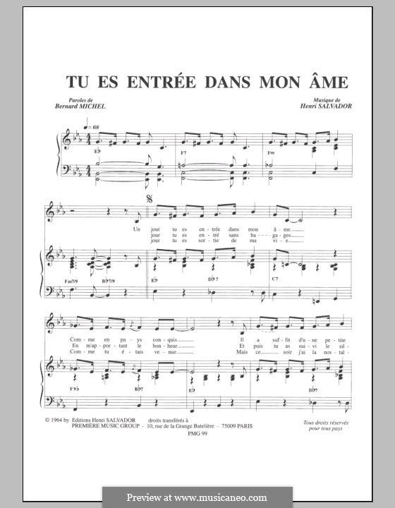 Tu Es Entree Dans Mon Ame: For voce and piano by Henri Salvador