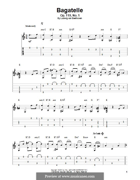 Одиннадцать новых багателей для фортепиано, Op.119: Bagatelle No.1. Version for guitar with tab by Людвиг ван Бетховен