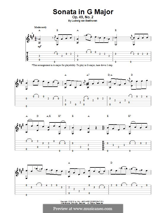 Соната для фортепиано No.20, Op.49 No.2: Часть I. Версия для гитары с табулатурой by Людвиг ван Бетховен