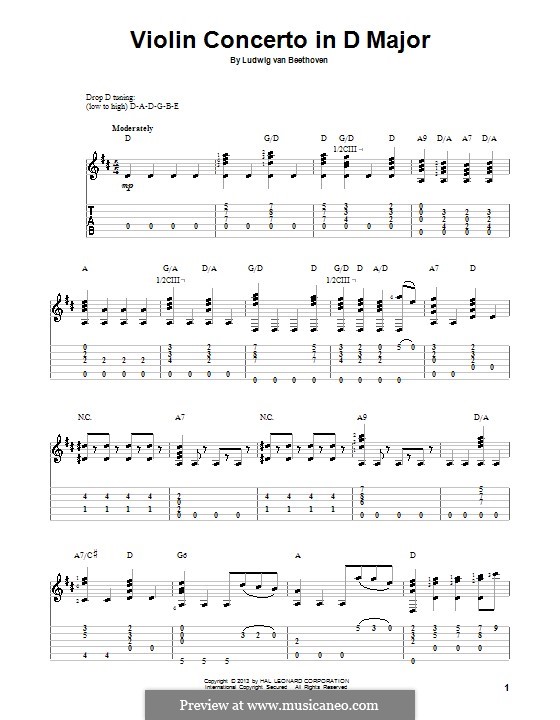 Концерт для скрипки с оркестром ре мажор, Op.61: Фрагмент. Версия для гитары с табулатурой by Людвиг ван Бетховен