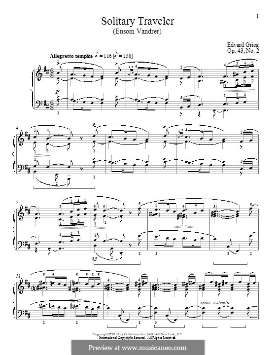 Solitary Traveler (Ensom Vandrer), Op.43 No.2: Для фортепиано by William Westney