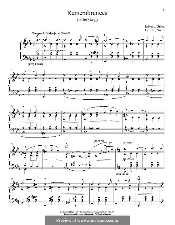 Remembrances (Efterklang), Op.71 No.7: Для фортепиано by William Westney