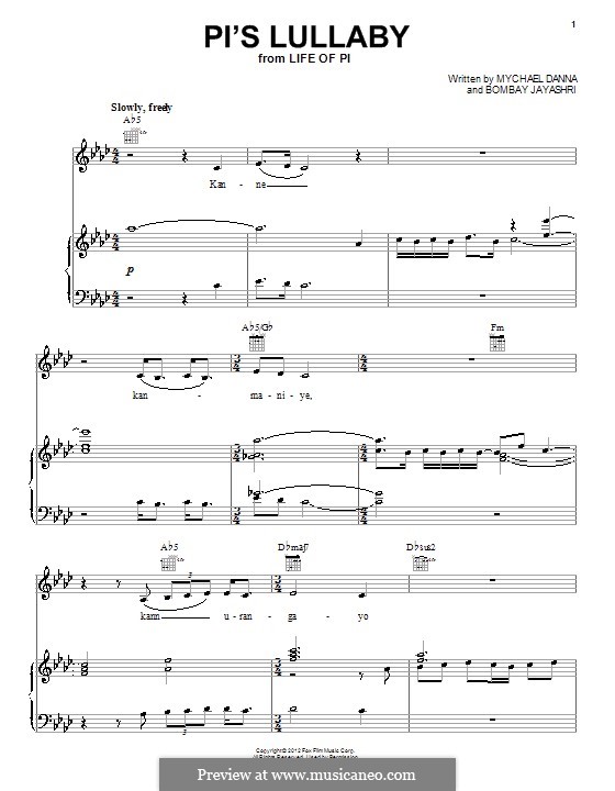 Pi's Lullaby (from Life of Pi): Для голоса и фортепиано (или гитары) by Mychael Danna