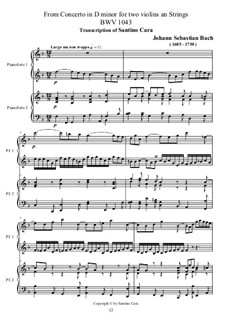 Двойной концерт для двух скрипок, струнных и бассо континуо ре минор, BWV 1043: Movement II. Transcriptions for piano duet by Иоганн Себастьян Бах