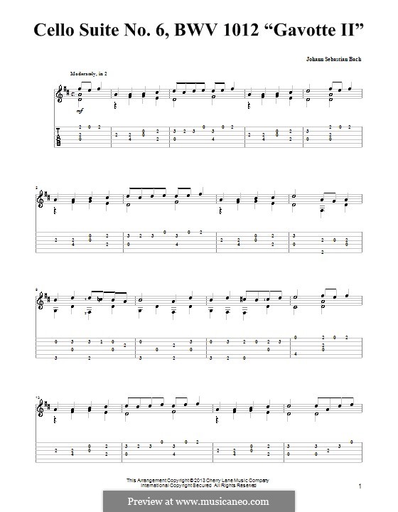 Сюита для виолончели No.6 ре мажор, BWV 1012: Гавот II. Версия для гитары с табулатурой by Иоганн Себастьян Бах