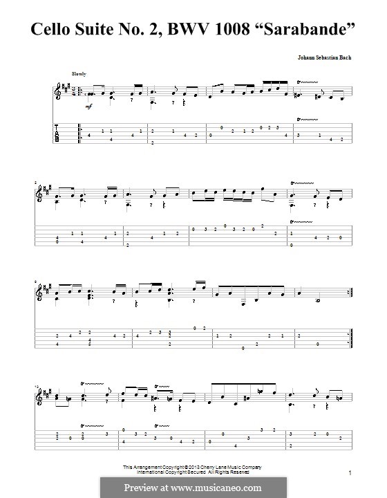 Сюита для виолончели No.2 ре минор, BWV 1008: Сарабанда. Версия для гитары с табулатурой by Иоганн Себастьян Бах