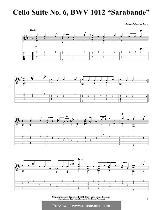 Сюита для виолончели No.6 ре мажор, BWV 1012: Сарабанда. Версия для гитары с табулатурой by Иоганн Себастьян Бах