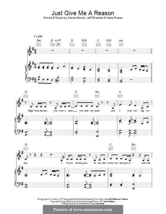 Just Give Me a Reason (Pink): Для голоса и фортепиано (или гитары) by Alecia Moore, Jeff Bhasker, Nathaniel Ruess