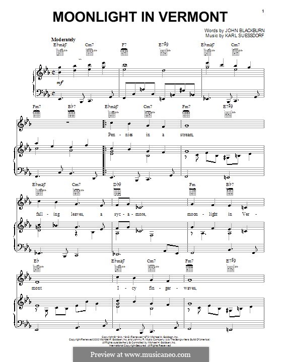 Moonlight in Vermont (Frank Sinatra): Для голоса и фортепиано (или гитары) by Karl Suessdorf
