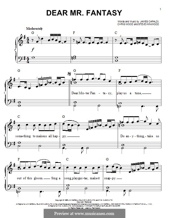 Dear Mr. Fantasy (Traffic): Для фортепиано by Chris Wood, Jim Capaldi, Steve Winwood