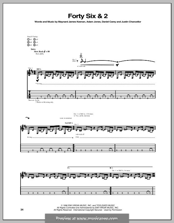 Forty Six & 2 (Tool): Гитарная табулатура by Adam Jones, Daniel Carey, Justin Chancellor, Maynard James Keenan