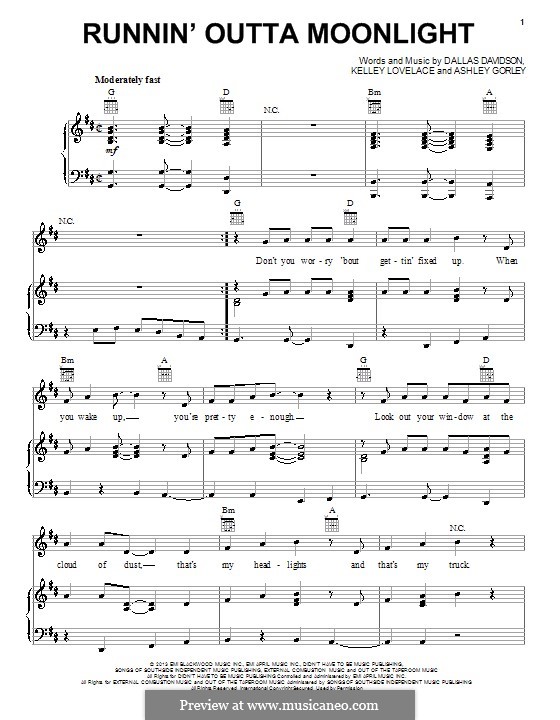 Runnin' Outta Moonlight: Для голоса и фортепиано (или гитары) by Ashley Gorley, Dallas Davidson, Kelley Lovelace