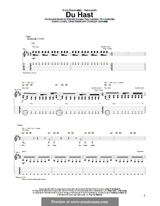 Du Hast (Rammstein): Для гитары с табулатурой by Christopher Schneider, Doktor Lorenz, Oliver Riedel, Paul Landers, Richard Kruspe, Till Lindemann