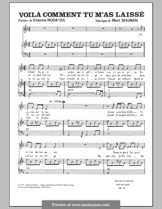 Voilà Comment tu M'as Laissé: Для голоса и фортепиано by Mort Shuman