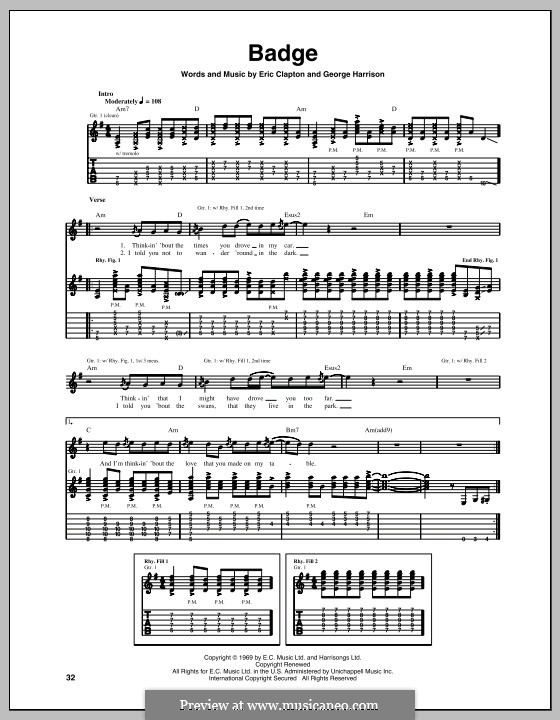 Badge (Cream): Для гитары с табулатурой by Eric Clapton, George Harrison