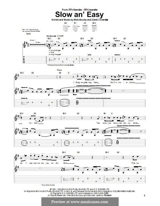 Slow an' Easy (Whitesnake): Для гитары с табулатурой by David Coverdale, Micky Moody