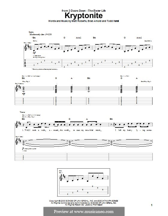 Kryptonite (3 Doors Down): Для гитары с табулатурой by Brad Arnold, Matthew Roberts, Todd Harrell