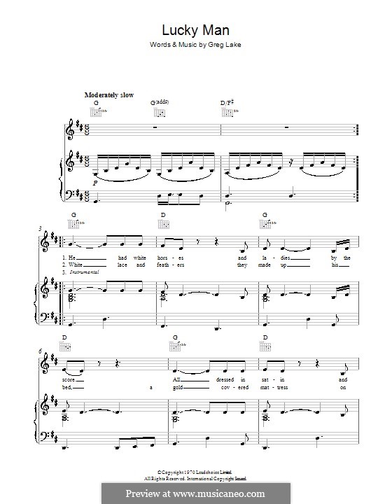 Lucky Man (Emerson, Lake & Palmer): Для голоса и фортепиано (или гитары) by Greg Lake