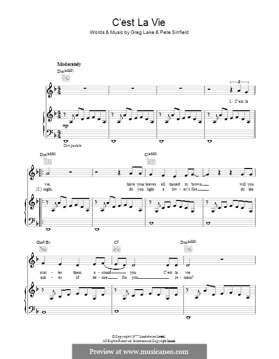 C'est la Vie (Emerson, Lake & Palmer): Для голоса и фортепиано (или гитары) by Greg Lake, Peter Sinfield