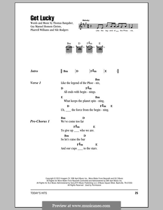 Get Lucky (Daft Punk featuring Pharrell Williams): Текст и аккорды by Nile Rodgers, Pharrell Williams, Thomas Bangalter, Guy-Manuel de Homem-Christo