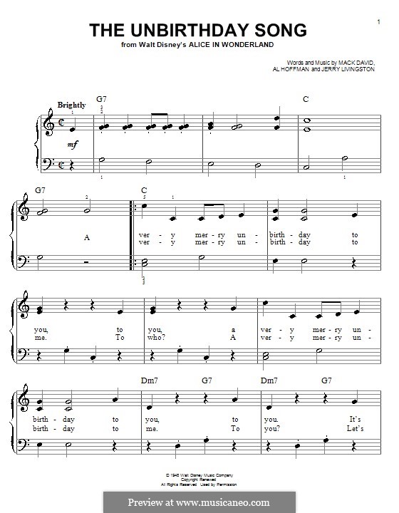 The Unbirthday Song: Для фортепиано by Al Hoffman, Jerry Livingston, Mack David